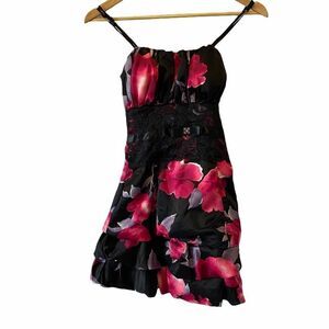 Black Floral Print Prom Satin Bubble Mini Dress XS